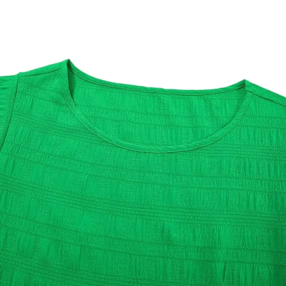 Green Textured Ruffled Short Sleeve Round Neck Top New Size Small